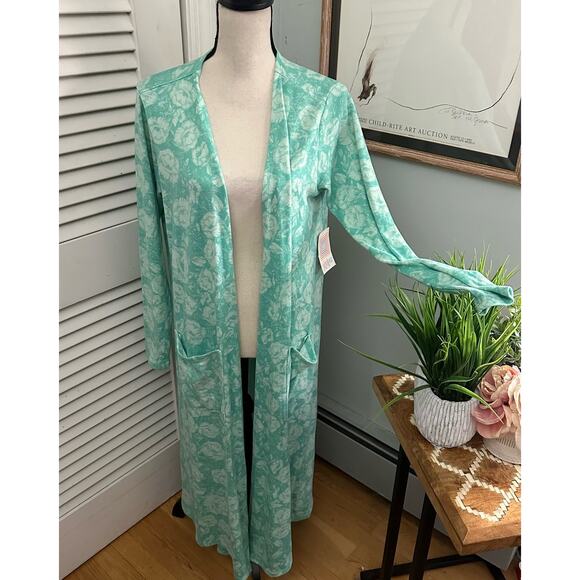 LULAROE Womens Sweater Large Blue Sarah Open Cardigan Duster Floral Soft Knit - Picture 1 of 14